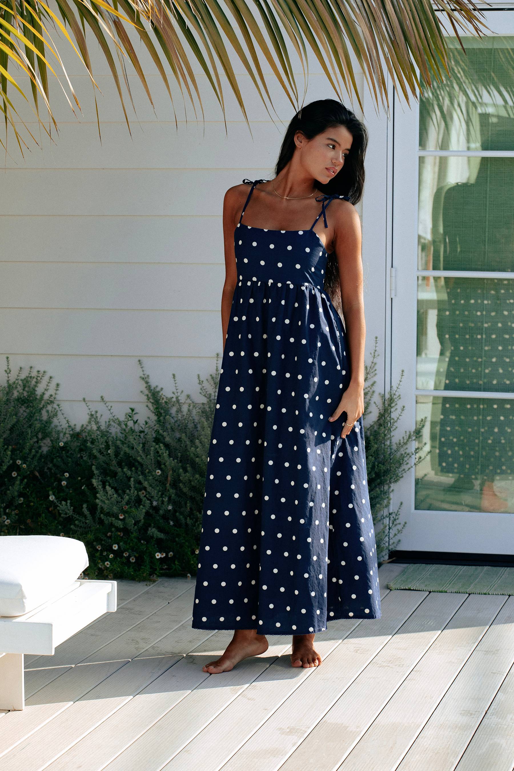 Valory Maxi Dress Navy Polka Dot Linen - Image 3