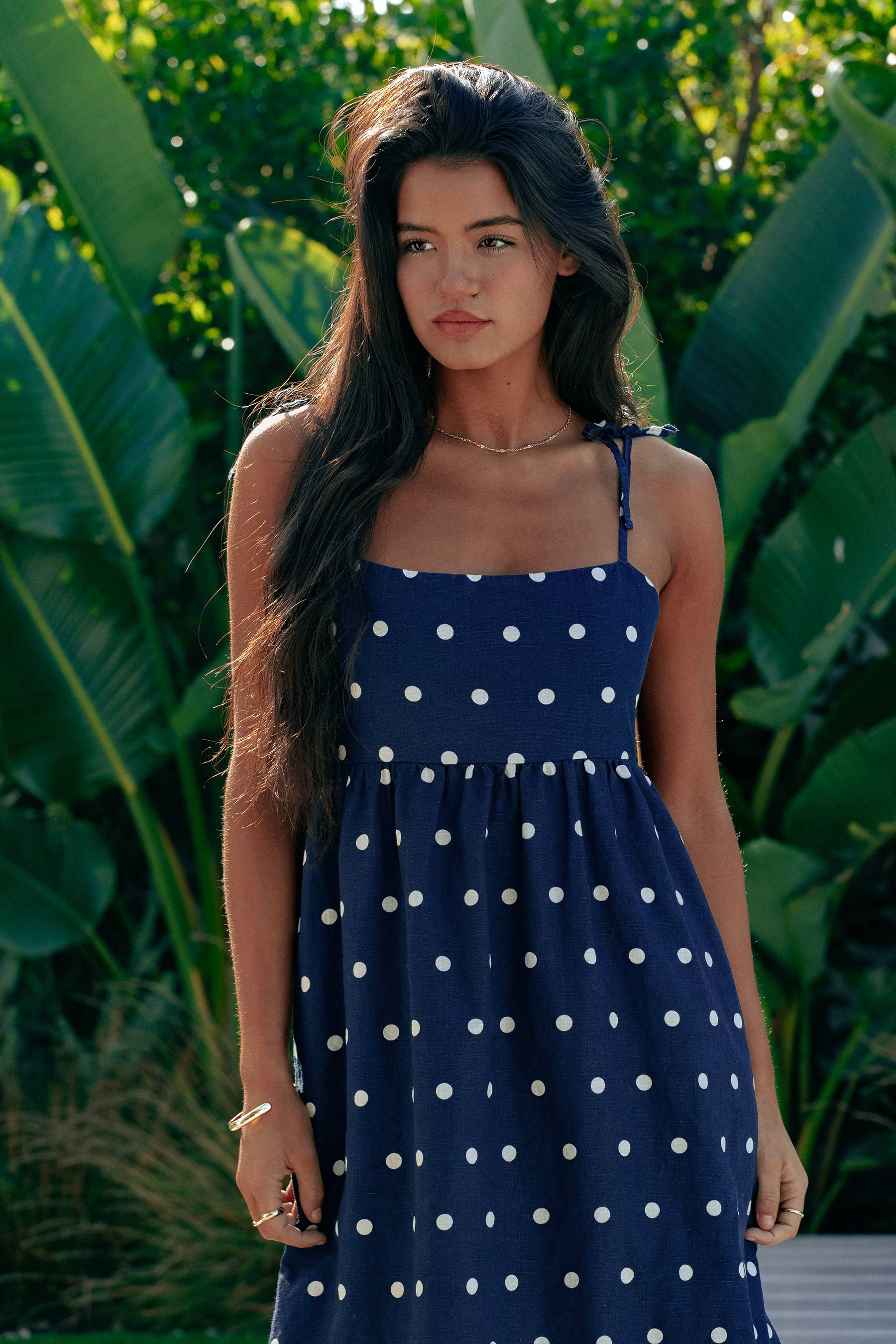Valory Maxi Dress Navy Polka Dot Linen - Image 4