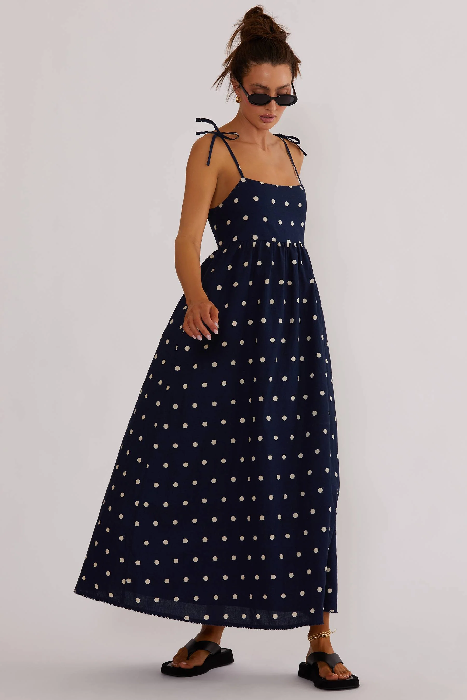 Valory Maxi Dress Navy Polka Dot Linen - Image 6