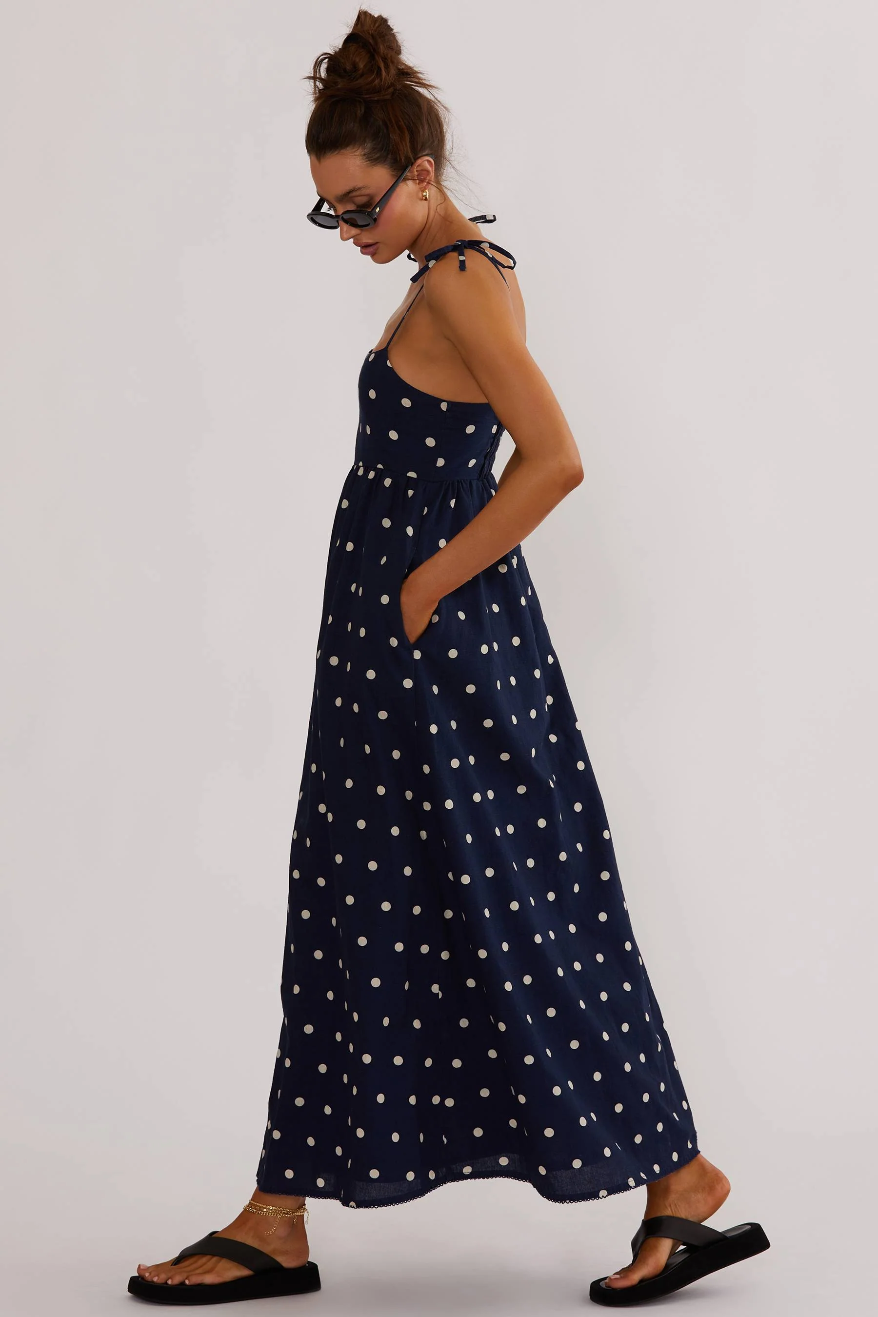 Valory Maxi Dress Navy Polka Dot Linen - Image 7