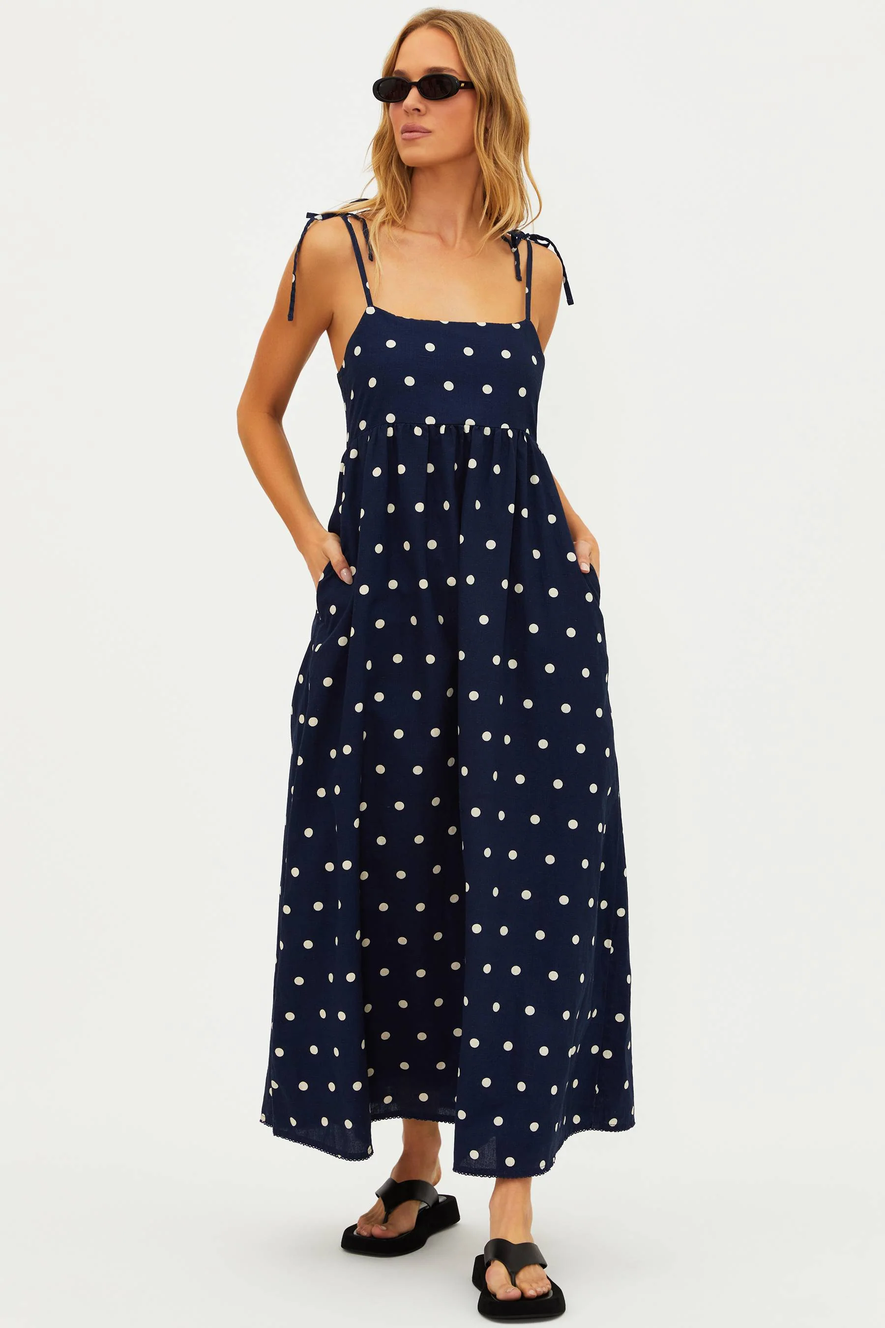 Valory Maxi Dress Navy Polka Dot Linen - Image 8